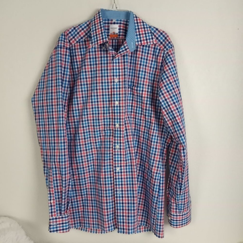 Olymp Luxor Mondern Fit Button Down Men's shirt 16,5 Pink Blue Gender Reveal